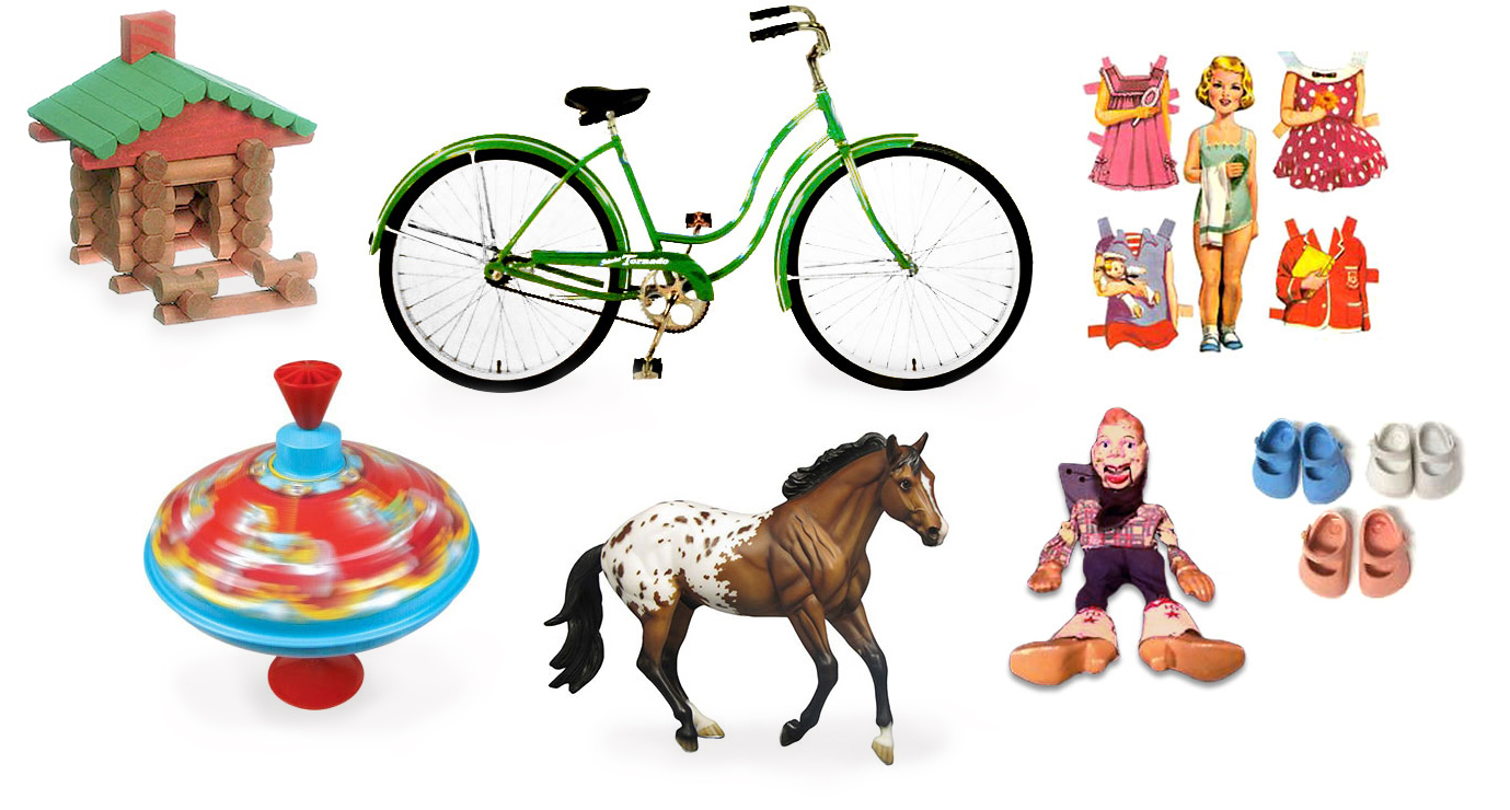 Lincoln Logs, green bike, paper dolls, top, Breyer horse, Howdy Doody, Ginny's shoes