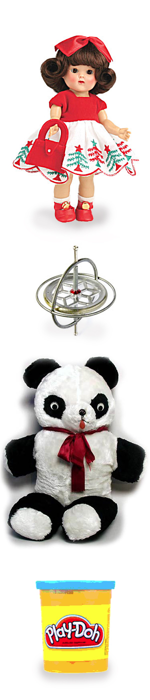 Ginny doll, Gyroscope, panda bear, and Play-Doh