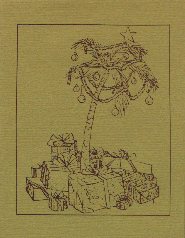 Drawing of small palm tree decorated ike a Christmas tree, with gifts below