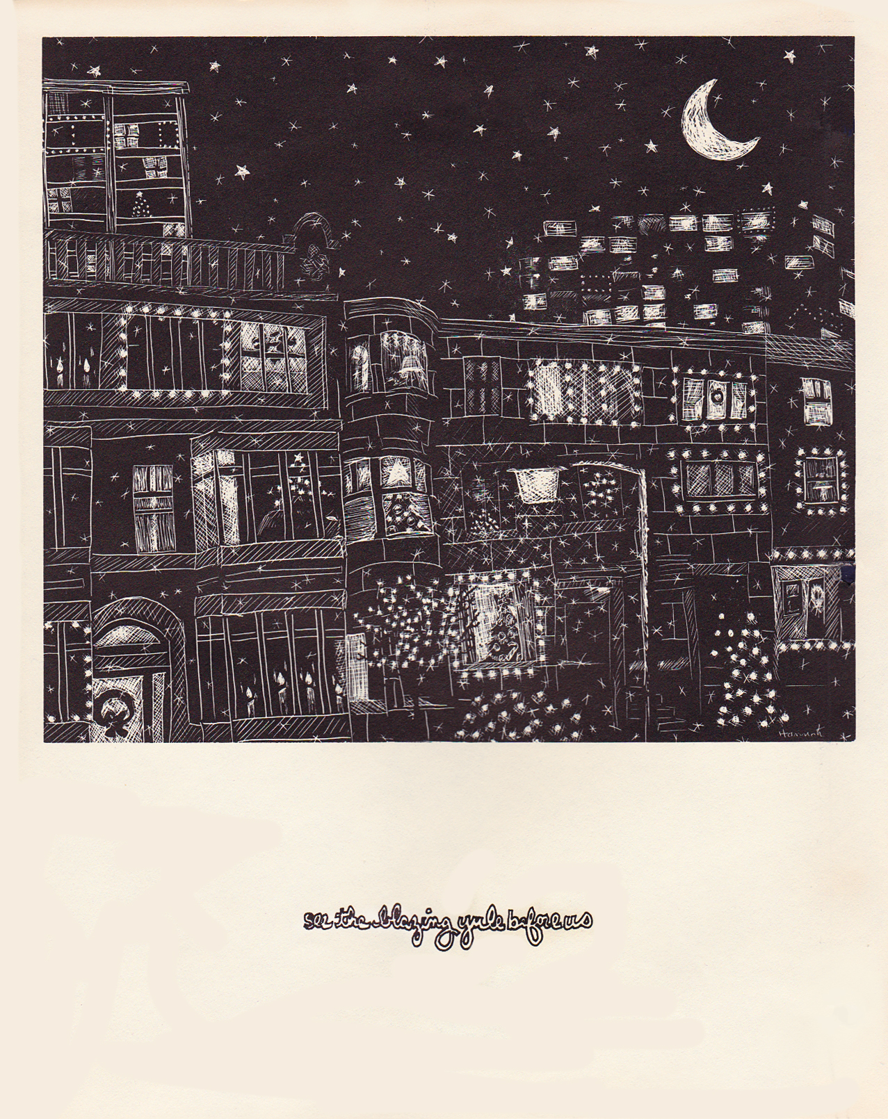 Scratch board illustration of city buildings under a moon and stars