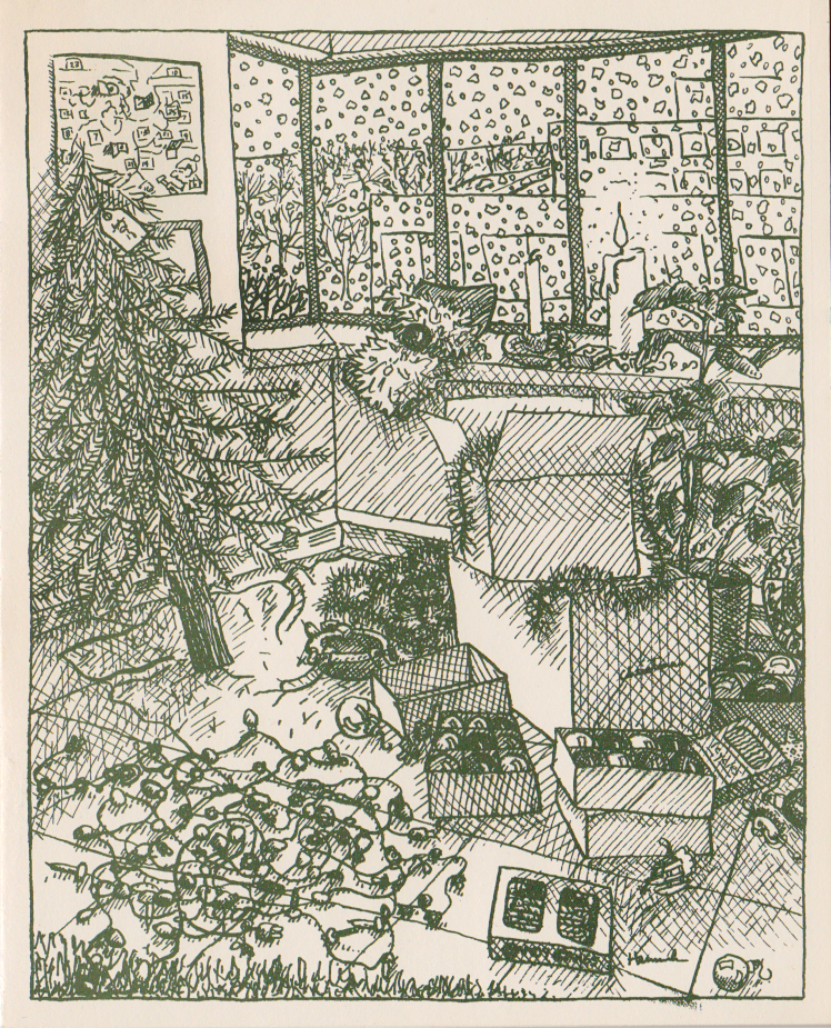 Drawing of interior of apartment with decorations including a Christmas tree about to be set up.