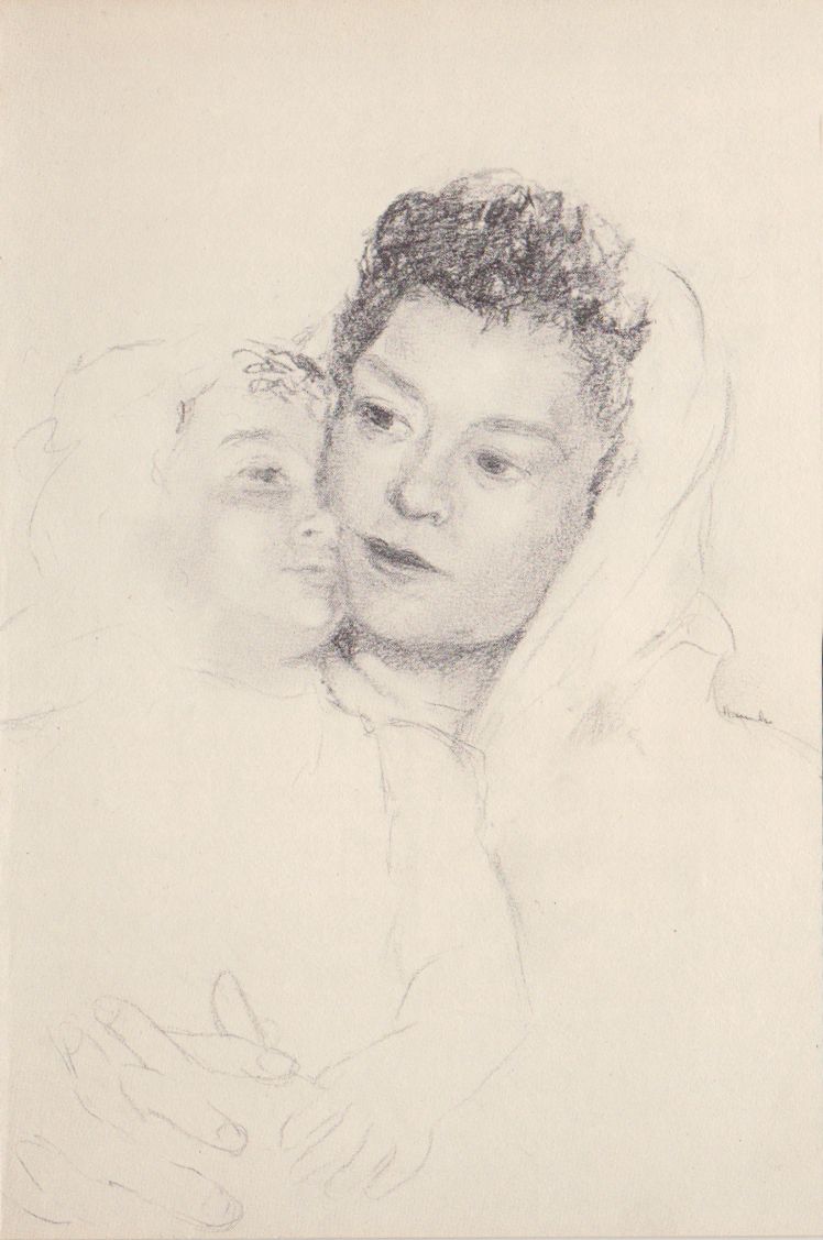 Soft drawing of woman holding small child