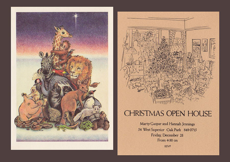 Colored pencil illustration on zoo card of animals forming a Christmas tree shape. Also, party invitation consisting of drawing of apartment highly decorated, with "Christmas Open House" with party details.