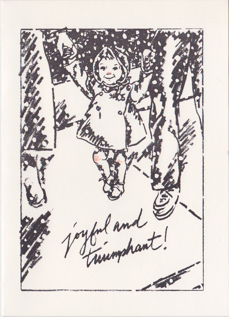 Drawing of toddler Jane walking between parents, holding their hands. "joyful and triumphant!"