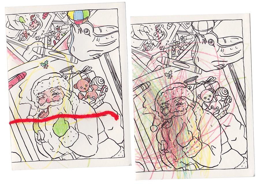 Coloring book style drawing of santa, crayons, toys. One of these was colored by me, the other by Jane.
