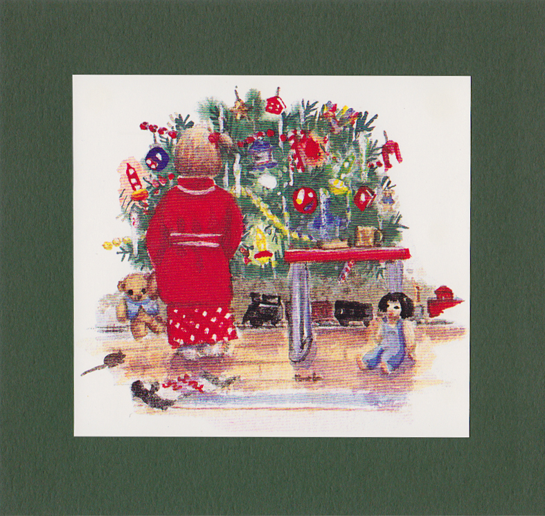 Watercolor of girl with toys in front of Christmas tree