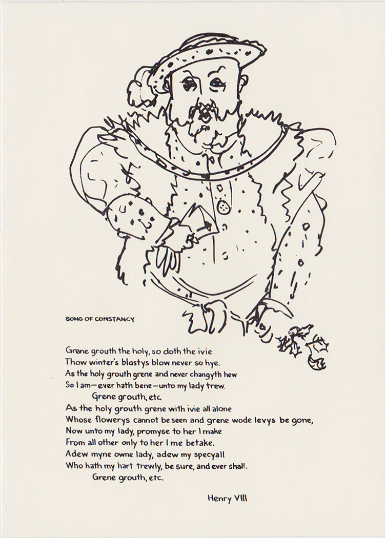 Drawing of Henry VIII with his poem "Song of Constancy"