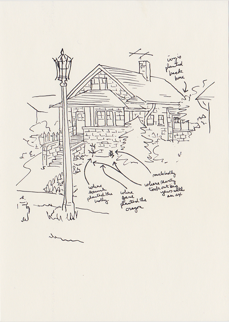 Drawing of house with "where Hannah planted the holly," "where Jane planted the crayon," "where Marty took out big yews with an ax," "male holly," and "ivy is planted back here"