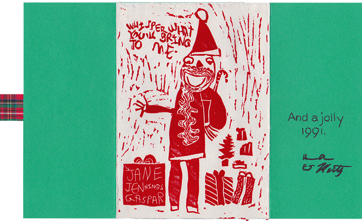 Linocut pasted onto green paper printed "And a jolly 1991." and signed