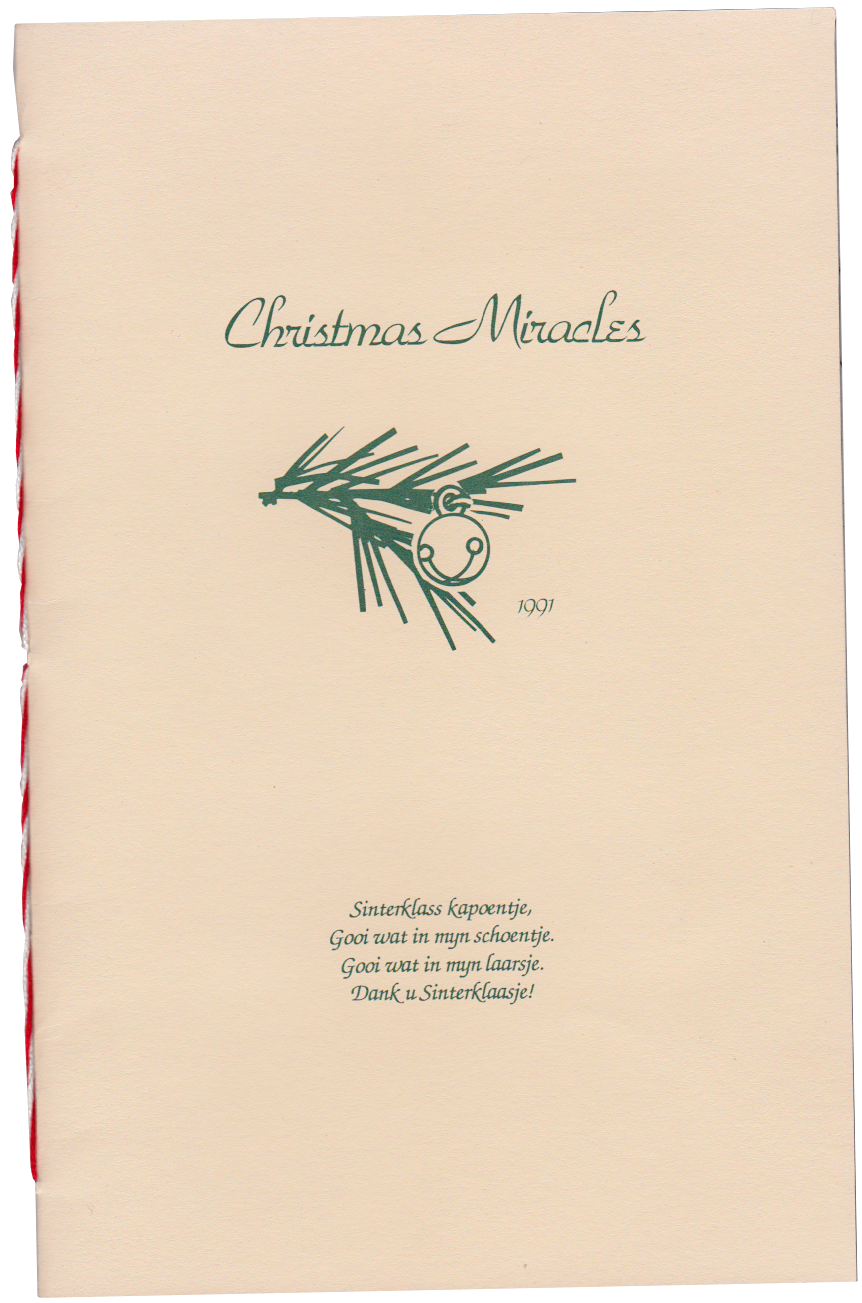 Cover of booklet "Christmas Miracles/1991" with a jingle bell and pine graphic and the Dutch song lyric from Miracle on 34th Street