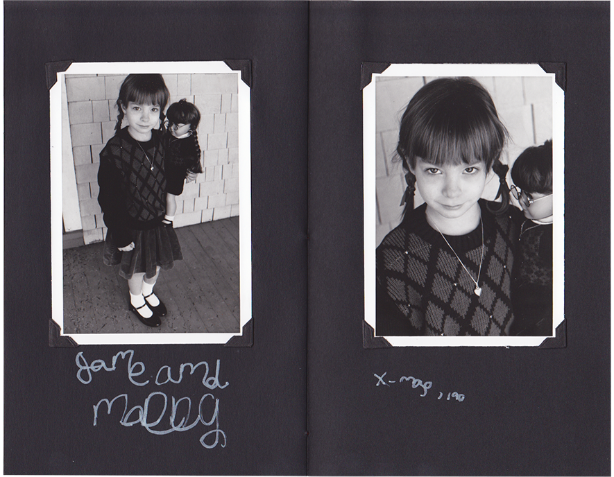 Two photos of Jane in an outfit matching that of her Molly doll, her handwritten "Jane and Molly, x-mas, 1190"