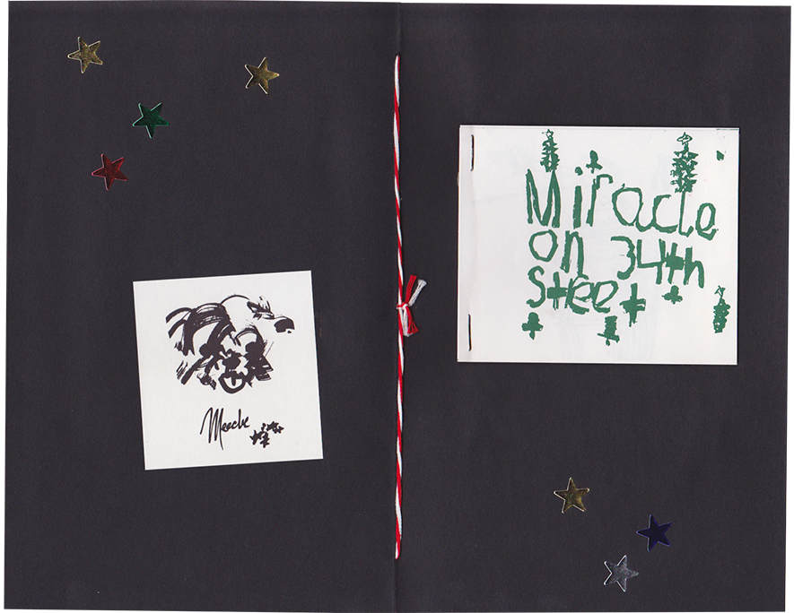 Loose drawing of a dog "Meecha," metallic star stickers, and a little book in a child's hand "Miracle on 34th Street"