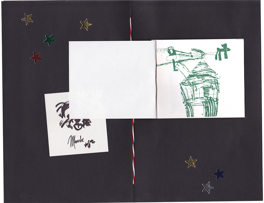 The small child's drawing from the page above is open, with a drawing from the movie.