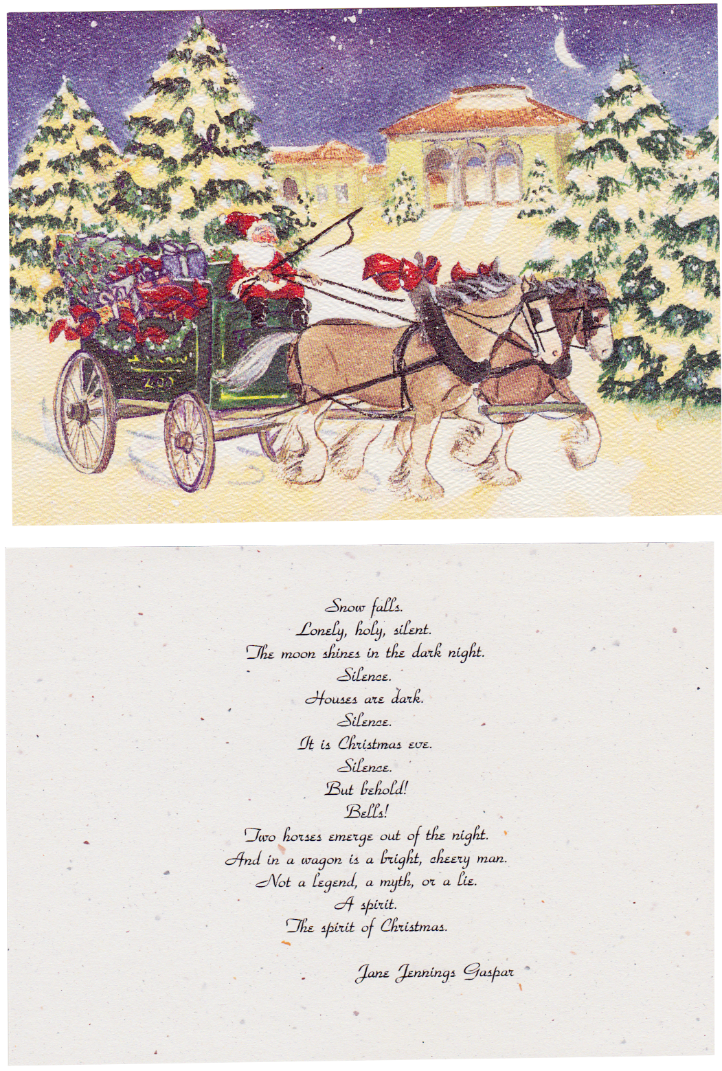 Watercolor of Santa being pulled by clydesdales in Brookfield Zoo. Also, descriptive poem by Jane.
