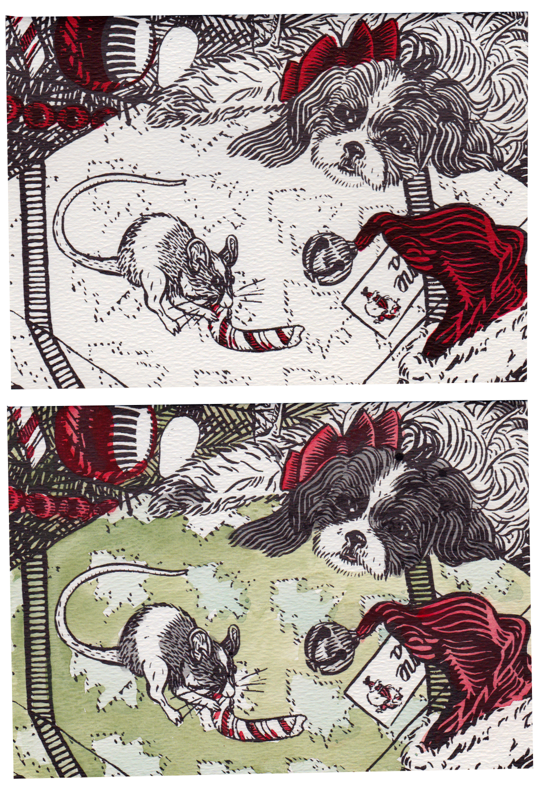 Drawing of dog and mouse on package under Christmas tree. 