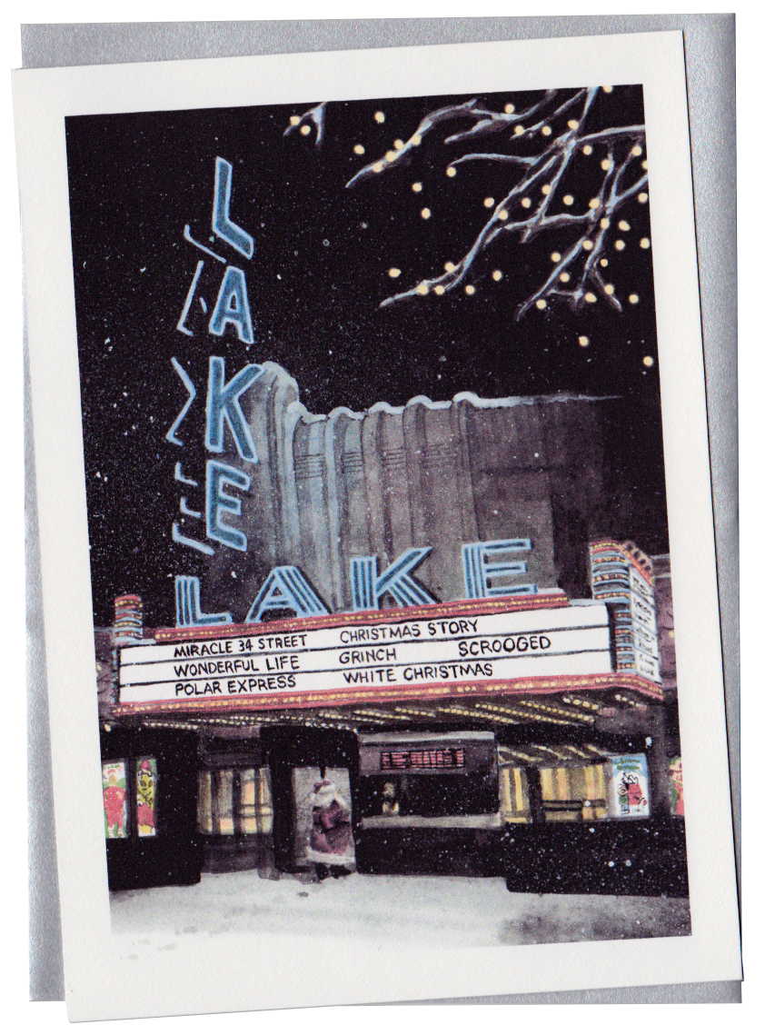 Watercolor Santa entering Lake Theater with several Christmas movies on the marquee.