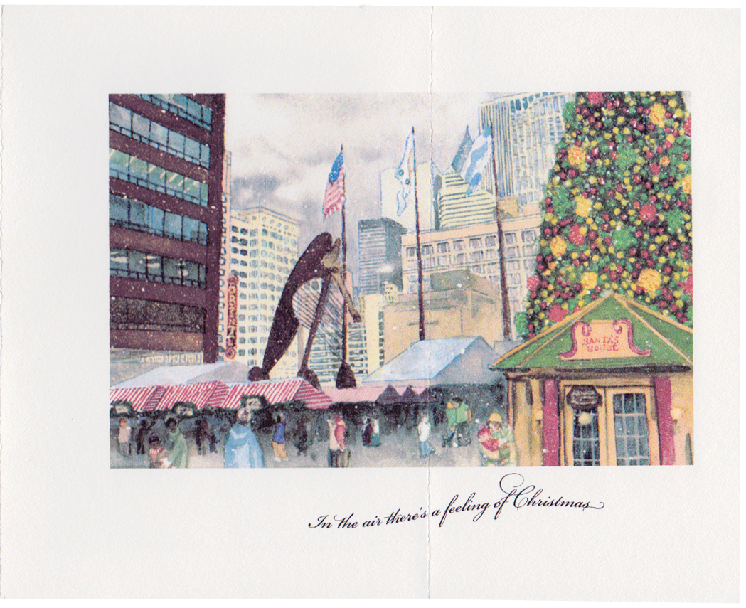 Full watercolor of Chicago City Hall at Christmas and "In  the air there's a feeing of Christmas"