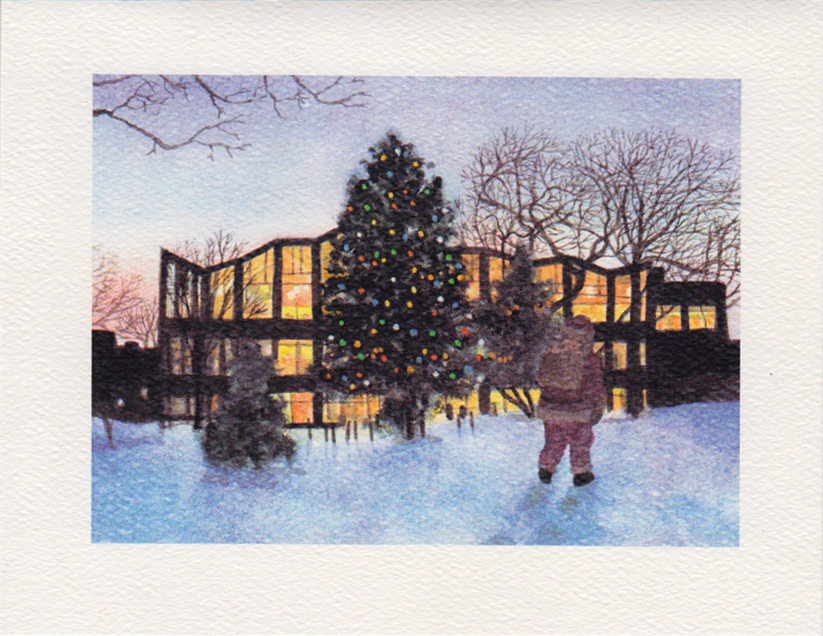 Watercolor of Santa approaching the library at dusk