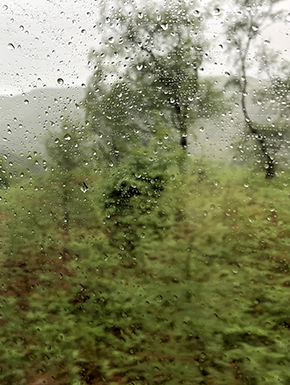 Raindrops on bus window