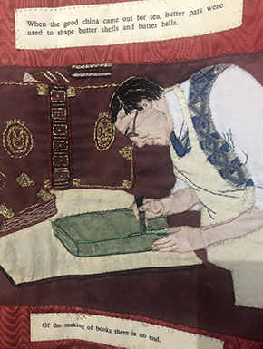 Bookbinder portion of quilt celebrating the common people of old Edinburgh