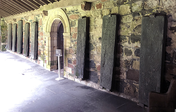 Hall around courtyard with carved stones