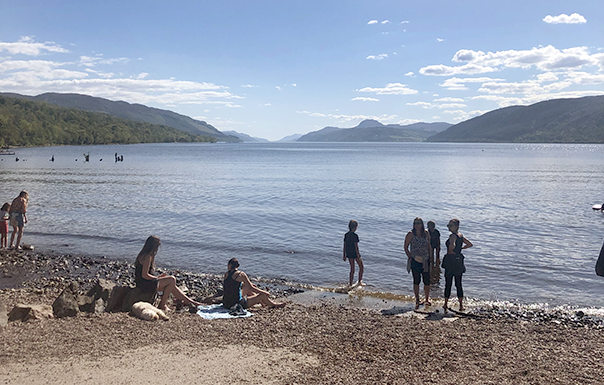 View of loch with bathers