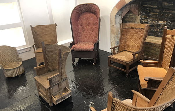 Old, beautiful cane chairs, and one quilted