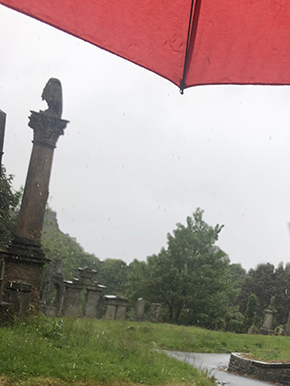 Attempted photo in necropolis with red umbrella