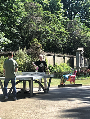 Boys playing ping pong at permanent table with metal net, with painted Corgi in garden