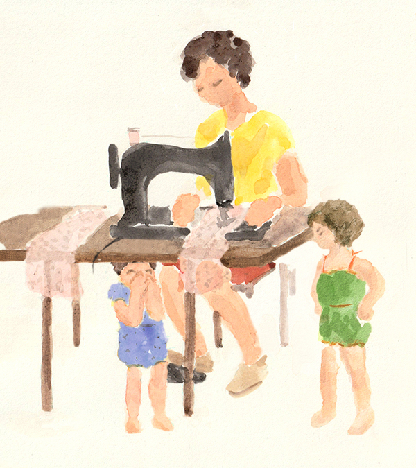 Watercolor of sewing scene