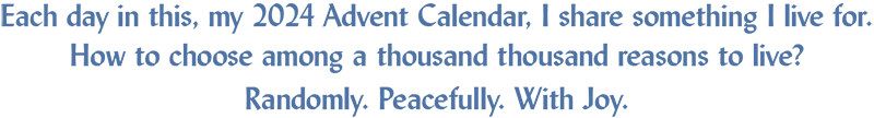 Each day in this, my 2024 Advent Calendar, I share something I live for.  
How to choose among a thousand thousand reasons to live? Randomly. Peacefully. With Joy. 