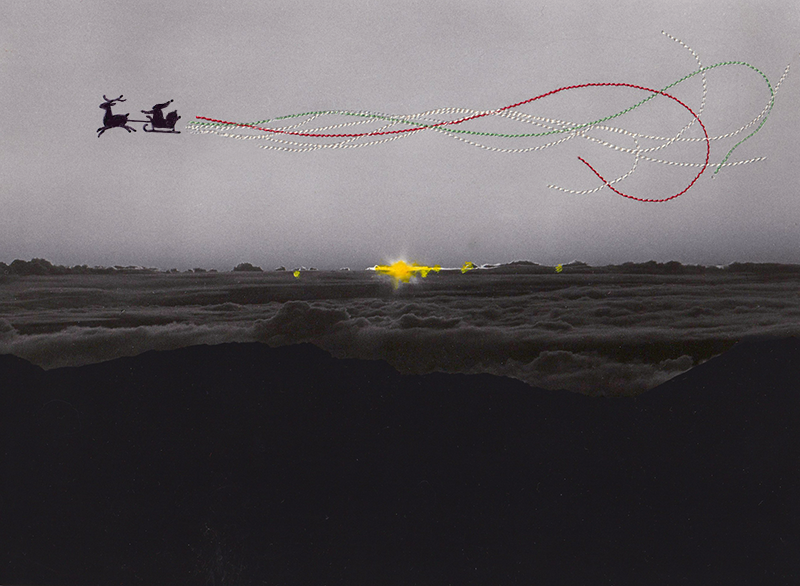 Santa flying over clouds at sunrise