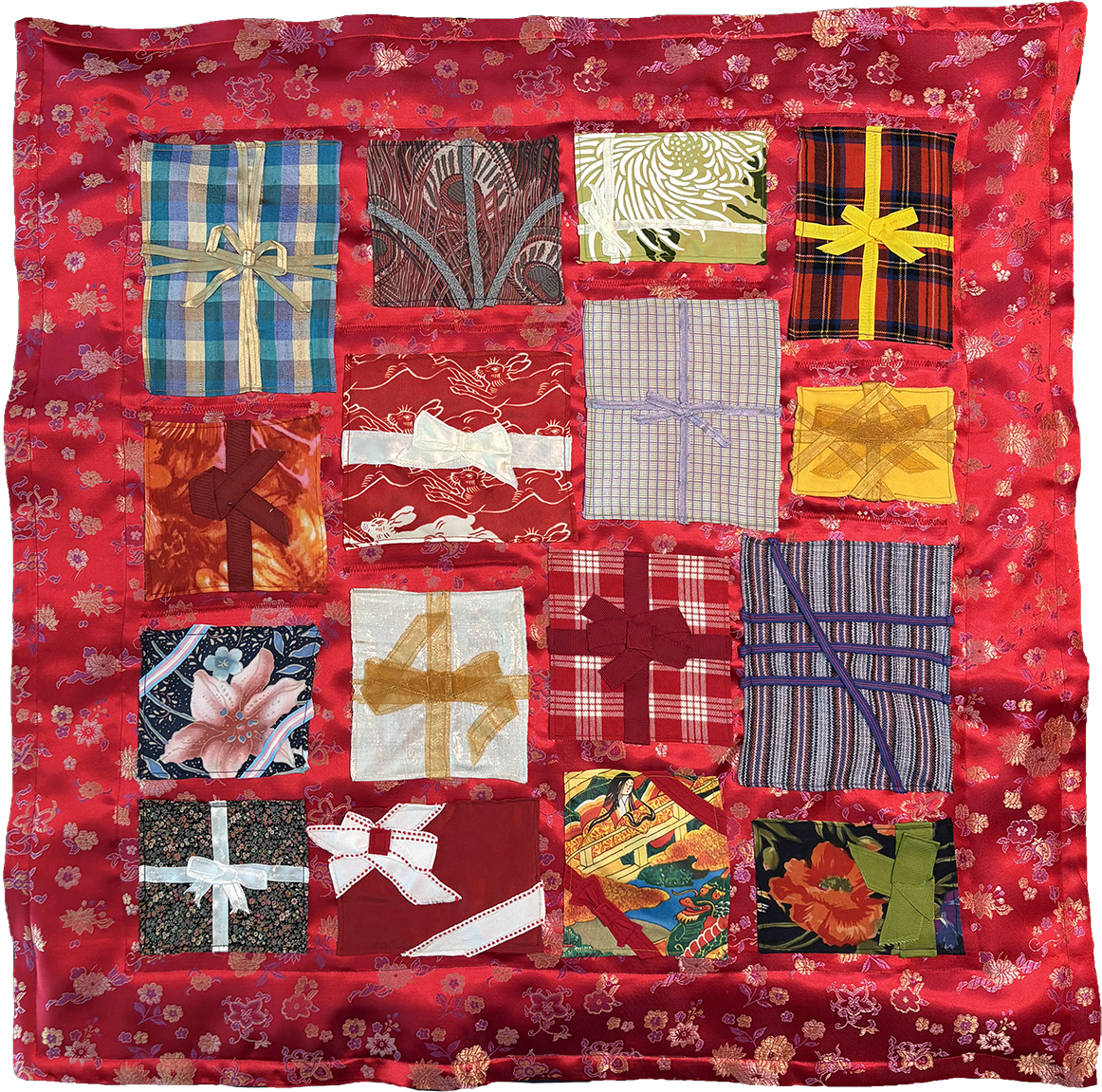 Shiny red quilt with packages applique