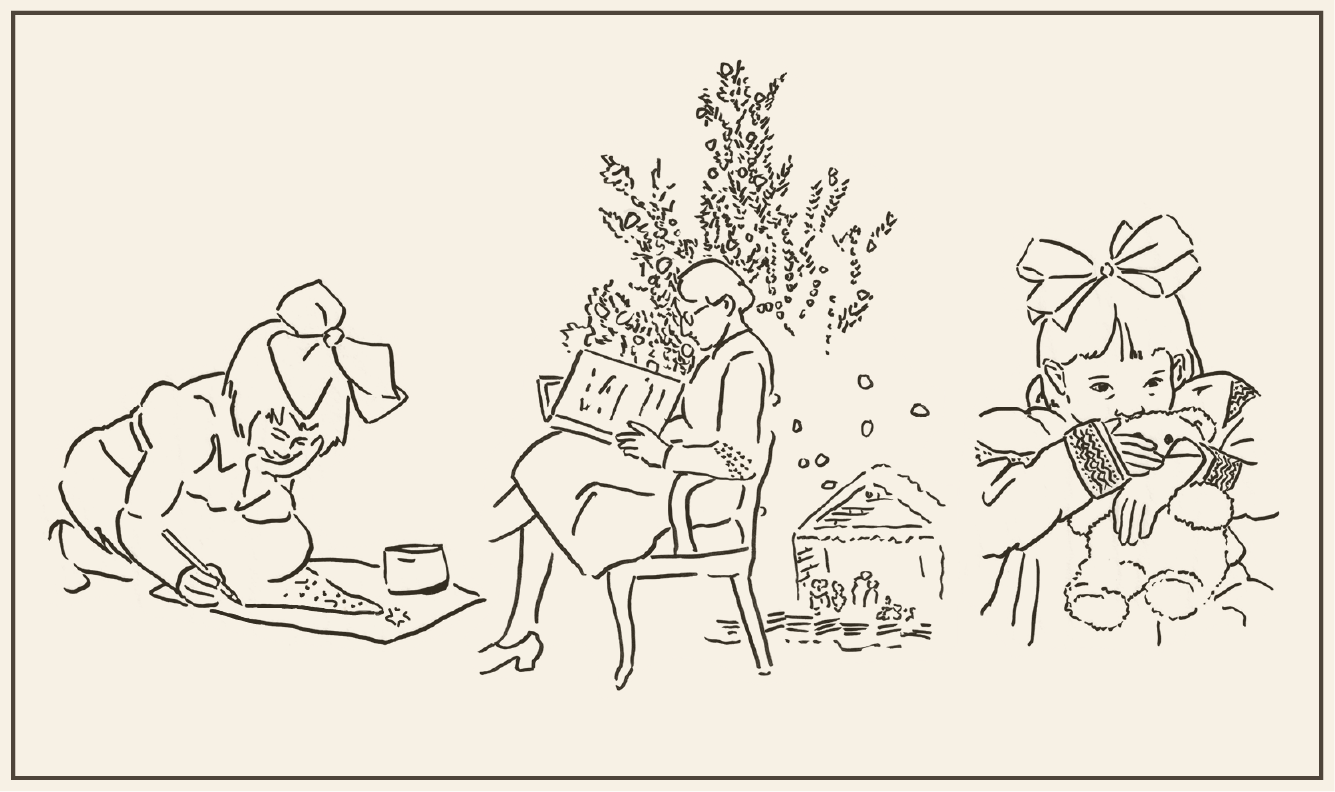 Child on floor painting, woman reading by Christma tree, child with stuffe bear